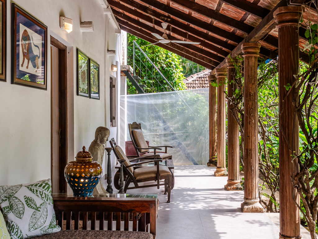 Outdoor sit-out veranda at Casa Mango villa in Alibaug