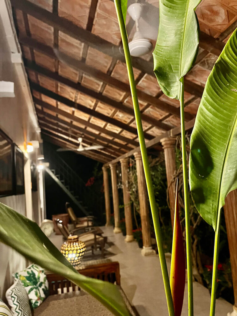 Night view of veranda at Casa Mango villa in Alibaug